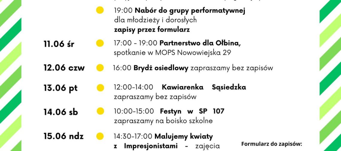 obraz tablica informacyjna białe tło na niej czarna czcionka ołbińskie centrum aktywności lokalnej wraz z opisem wydarzeń