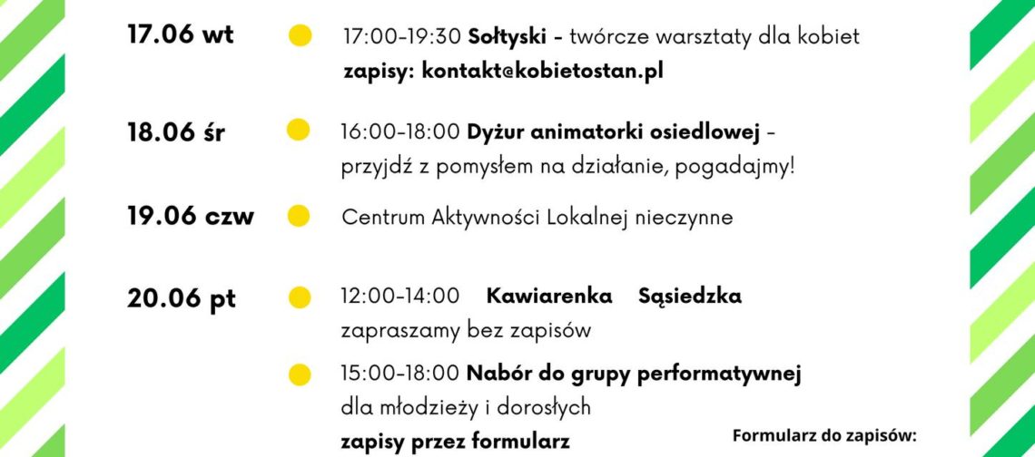 obraz tablica informacyjna białe tło na niej czarna czcionka ołbińskie centrum aktywności lokalnej wraz z opisem wydarzeń