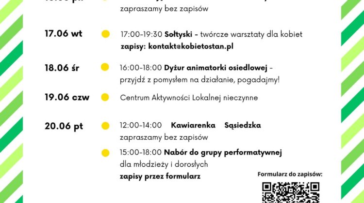 obraz tablica informacyjna białe tło na niej czarna czcionka ołbińskie centrum aktywności lokalnej wraz z opisem wydarzeń