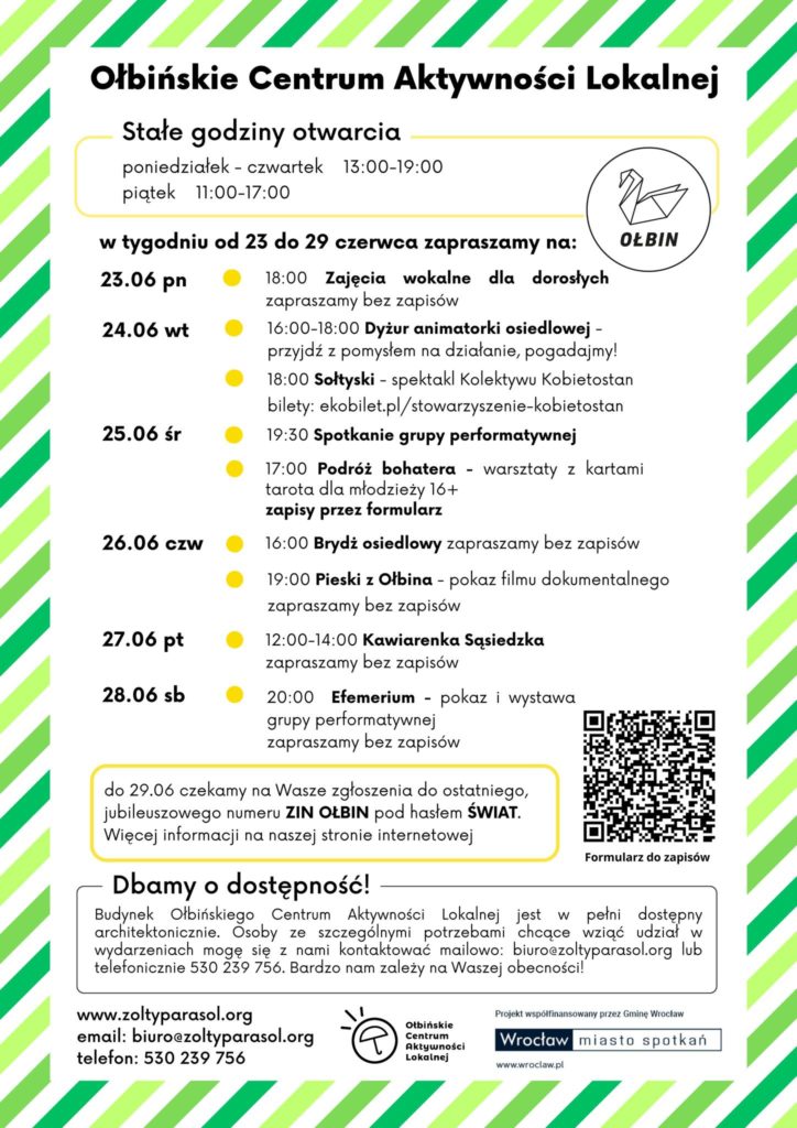 obraz tablica informacyjna białe tło na niej czarna czcionka ołbińskie centrum aktywności lokalnej wraz z opisem wydarzeń