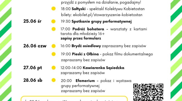 obraz tablica informacyjna białe tło na niej czarna czcionka ołbińskie centrum aktywności lokalnej wraz z opisem wydarzeń