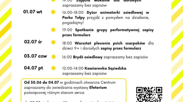 obraz tablica informacyjna białe tło na niej czarna czcionka ołbińskie centrum aktywności lokalnej wraz z opisem wydarzeń