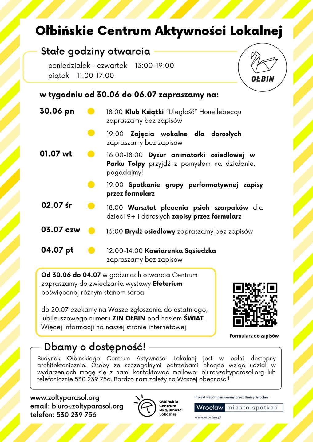 obraz tablica informacyjna białe tło na niej czarna czcionka ołbińskie centrum aktywności lokalnej wraz z opisem wydarzeń