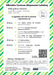 obraz tablica informacyjna białe tło na niej czarna czcionka ołbińskie centrum aktywności lokalnej wraz z opisem wydarzeń