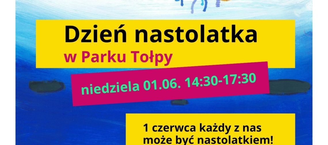 obraz informacyjny z kolorową, malowaną ilustracją meduzy i parasola na tle niebieskiej wody, z różowymi kwiatami lilii wodnych na dole.