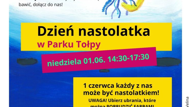 obraz informacyjny z kolorową, malowaną ilustracją meduzy i parasola na tle niebieskiej wody, z różowymi kwiatami lilii wodnych na dole.