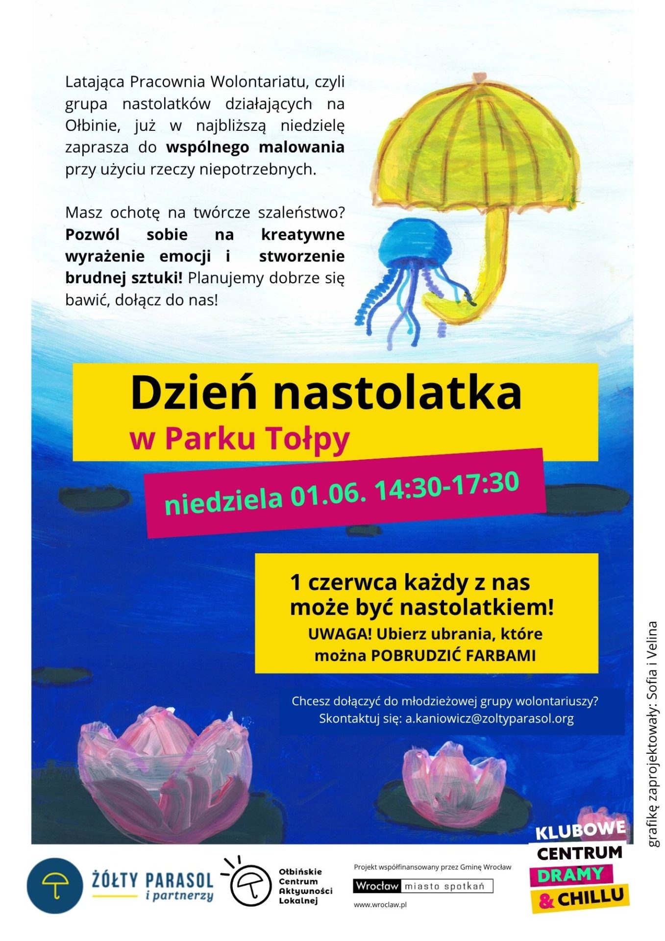 obraz informacyjny z kolorową, malowaną ilustracją meduzy i parasola na tle niebieskiej wody, z różowymi kwiatami lilii wodnych na dole.