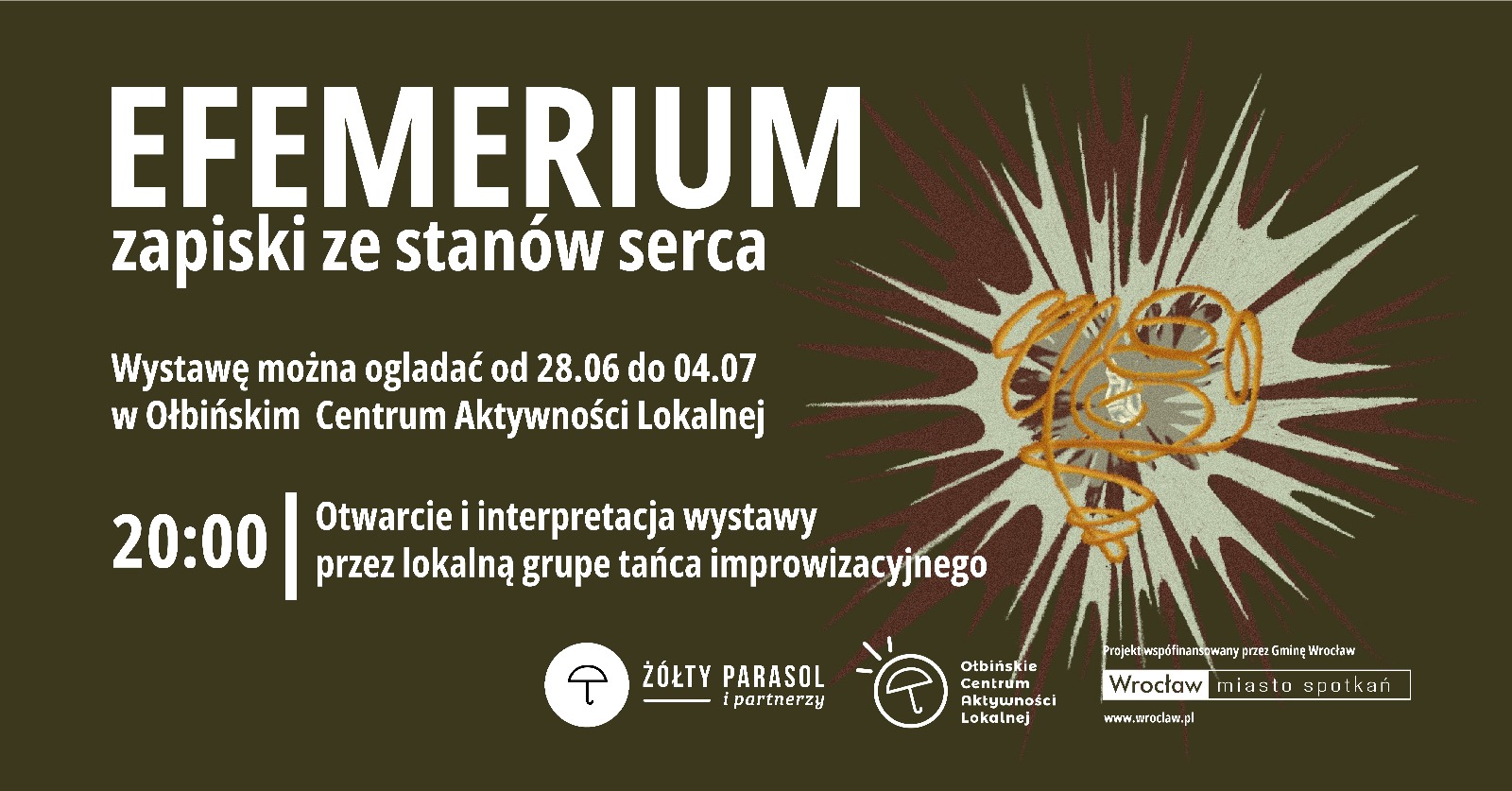 obraz promocyjny na ciemnozielonym tle. Po lewej stronie duży, biały napis: "EFEMERIUM zapiski ze stanów serca".po prawej stronie znajduje się abstrakcyjna grafika – rozbłysk w kolorach białym i bordowym, na którym nałożona jest pomarańczowa, nieregularna linia przypominająca rysunek serca lub splątanych nici.