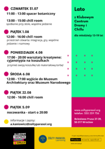 obraz po lewej stronie na białym tle znajduje się harmonogram letnich wydarzeń organizowanych przez kcdic po prawej stronie na zielonym tle na pis lato z klubowym centrum dramy i chillu dla młodzieży 13-19 lat