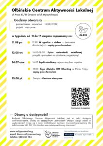 obraz tablica informacyjna białe tło na niej czarna czcionka ołbińskie centrum aktywności lokalnej wraz z opisem wydarzeń