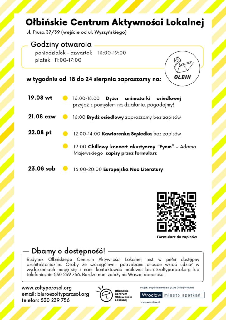 obraz tablica informacyjna białe tło na niej czarna czcionka ołbińskie centrum aktywności lokalnej wraz z opisem wydarzeń