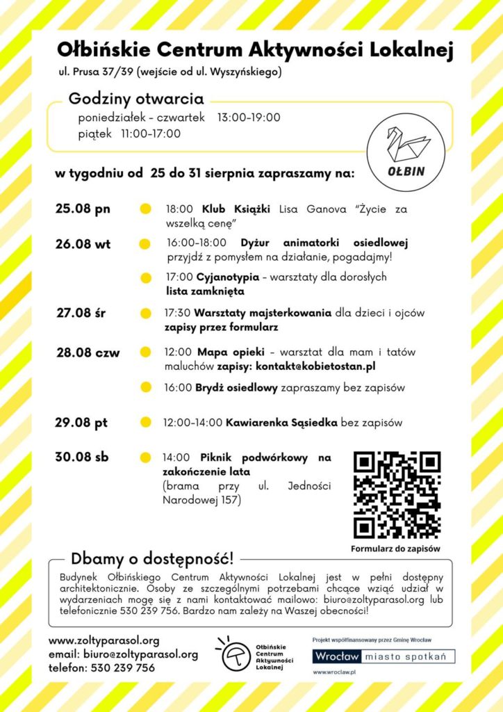 obraz tablica informacyjna białe tło na niej czarna czcionka ołbińskie centrum aktywności lokalnej wraz z opisem wydarzeń