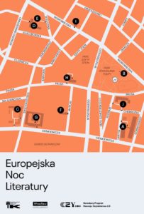 obraz mapa dzielnicy miasta z zaznaczonymi punktami oznaczonymi literami od a do j na pomarańczowym tle