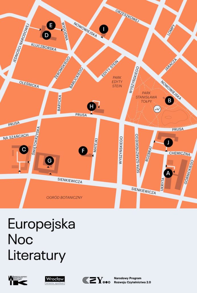 obraz mapa dzielnicy miasta z zaznaczonymi punktami oznaczonymi literami od a do j na pomarańczowym tle