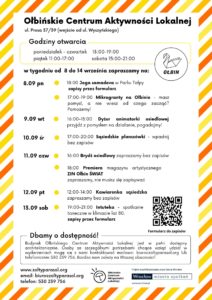 obraz tablica informacyjna białe tło na niej czarna czcionka ołbińskie centrum aktywności lokalnej wraz z opisem wydarzeń