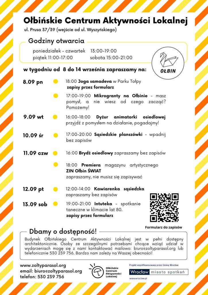 obraz tablica informacyjna białe tło na niej czarna czcionka ołbińskie centrum aktywności lokalnej wraz z opisem wydarzeń