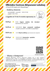 obraz tablica informacyjna białe tło na niej czarna czcionka ołbińskie centrum aktywności lokalnej wraz z opisem wydarzeń