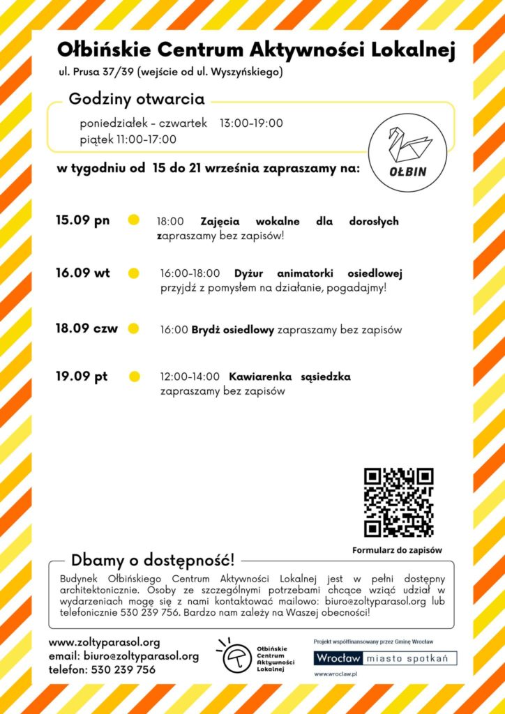 obraz tablica informacyjna białe tło na niej czarna czcionka ołbińskie centrum aktywności lokalnej wraz z opisem wydarzeń