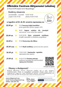 obraz tablica informacyjna białe tło na niej czarna czcionka ołbińskie centrum aktywności lokalnej wraz z opisem wydarzeń