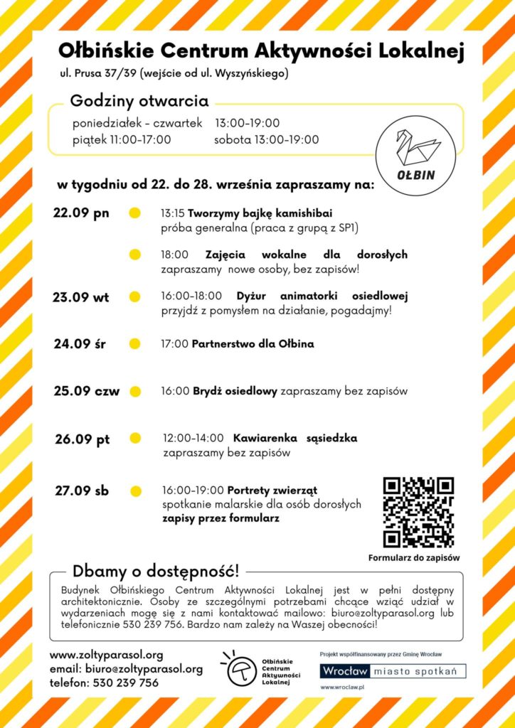 obraz tablica informacyjna białe tło na niej czarna czcionka ołbińskie centrum aktywności lokalnej wraz z opisem wydarzeń