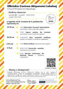 obraz tablica informacyjna białe tło na niej czarna czcionka ołbińskie centrum aktywności lokalnej wraz z opisem wydarzeń