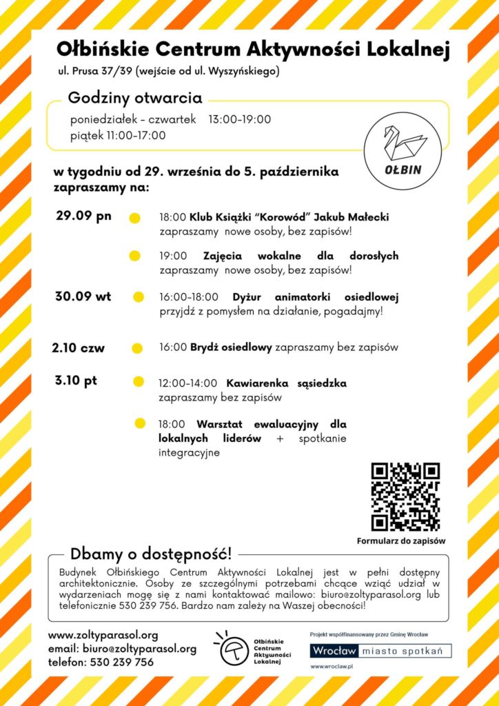obraz tablica informacyjna białe tło na niej czarna czcionka ołbińskie centrum aktywności lokalnej wraz z opisem wydarzeń