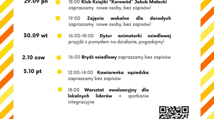 obraz tablica informacyjna białe tło na niej czarna czcionka ołbińskie centrum aktywności lokalnej wraz z opisem wydarzeń