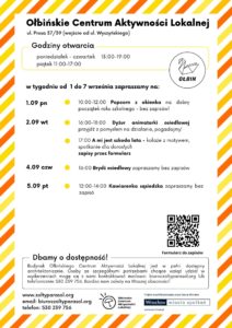 obraz tablica informacyjna białe tło na niej czarna czcionka ołbińskie centrum aktywności lokalnej wraz z opisem wydarzeń