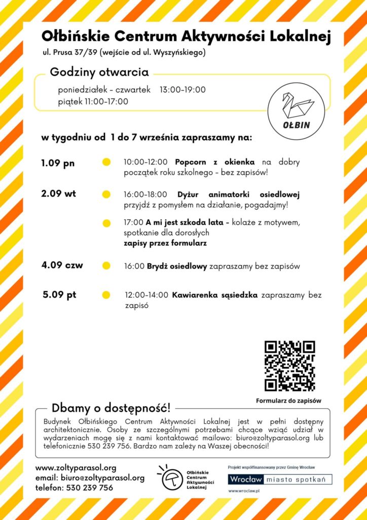 obraz tablica informacyjna białe tło na niej czarna czcionka ołbińskie centrum aktywności lokalnej wraz z opisem wydarzeń