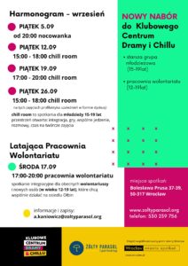 obraz po lewej stronie na białym tle znajduje się harmonogram letnich wydarzeń organizowanych przez kcdic po prawej stronie na zielonym tle na pis lato z klubowym centrum dramy i chillu dla młodzieży 13-19 lat