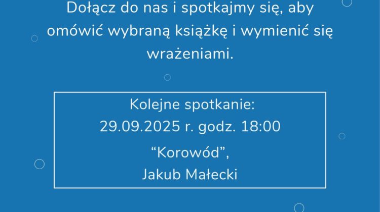 obraz plakat promujący Klub Książki organizowany przez Ołbińskie Centrum Aktywności Lokalnej. Na niebieskim tle znajduje się tekst zachęcający do dołączenia do klubu, aby omówić wybraną książkę i wymienić się wrażeniami. Kolejne spotkanie odbędzie się 31.03.2025 o godzinie 18:00, a omawiana będzie książka "Mur duchów" autorstwa Sarah Moss. Na dole plakatu znajduje się informacja o Ołbińskim Centrum Aktywności Lokalnej oraz zachęta do poznania ciekawych ludzi i odkrycia świata wspaniałych historii. W tle widoczne są ikony książek i symboliczne grafiki