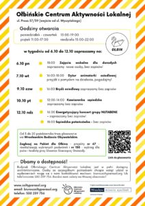 obraz tablica informacyjna białe tło na niej czarna czcionka ołbińskie centrum aktywności lokalnej wraz z opisem wydarzeń