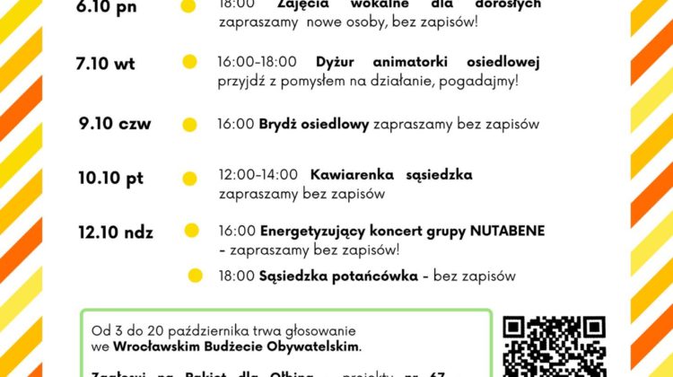 obraz tablica informacyjna białe tło na niej czarna czcionka ołbińskie centrum aktywności lokalnej wraz z opisem wydarzeń