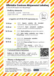 obraz tablica informacyjna białe tło na niej czarna czcionka ołbińskie centrum aktywności lokalnej wraz z opisem wydarzeń