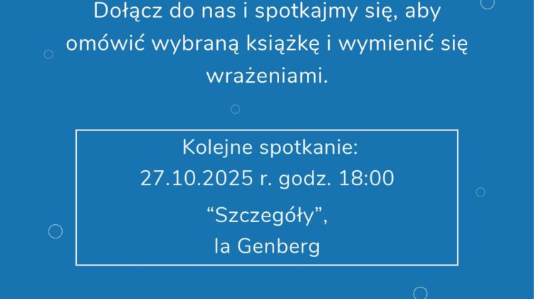 obraz plakat promujący Klub Książki organizowany przez Ołbińskie Centrum Aktywności Lokalnej. Na niebieskim tle znajduje się tekst zachęcający do dołączenia do klubu, aby omówić wybraną książkę i wymienić się wrażeniami. Kolejne spotkanie odbędzie się 31.03.2025 o godzinie 18:00, a omawiana będzie książka "Mur duchów" autorstwa Sarah Moss. Na dole plakatu znajduje się informacja o Ołbińskim Centrum Aktywności Lokalnej oraz zachęta do poznania ciekawych ludzi i odkrycia świata wspaniałych historii. W tle widoczne są ikony książek i symboliczne grafiki