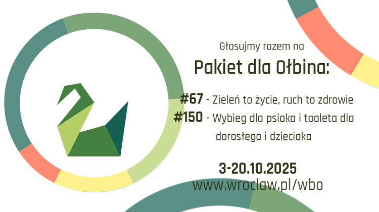 obraz białe tło po lewej stronie zielono - pomarańczowe żółte kolory w nie wpisany łabędź po prawej czarny napis pakiet dla ołbina i projekty WBO