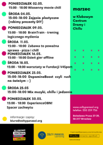 obraz z harmonogramem wydarzeń na marzec w Klubowym Centrum Dramy i Chillu. Po lewej stronie znajduje się lista spotkań z datami i godzinami, a po prawej zielone pole z napisem „marzec w Klubowym Centrum Dramy i Chillu”. Na dole są dane kontaktowe i logotypy