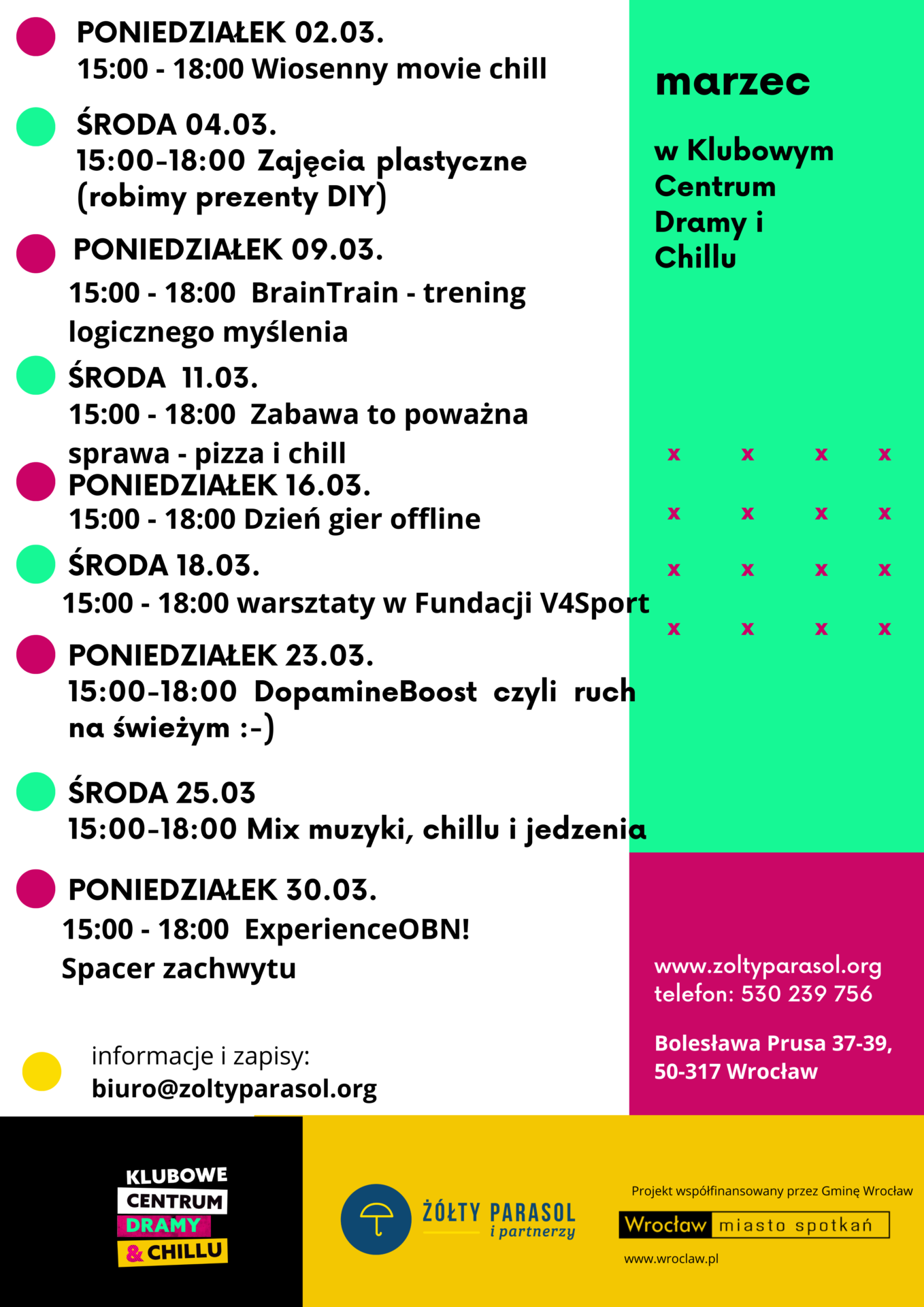 obraz z harmonogramem wydarzeń na marzec w Klubowym Centrum Dramy i Chillu. Po lewej stronie znajduje się lista spotkań z datami i godzinami, a po prawej zielone pole z napisem „marzec w Klubowym Centrum Dramy i Chillu”. Na dole są dane kontaktowe i logotypy