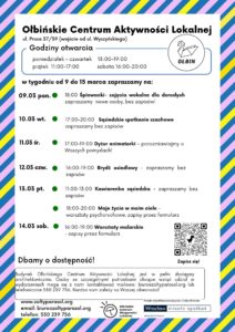 obraz tablica informacyjna białe tło na niej czarna czcionka ołbińskie centrum aktywności lokalnej wraz z opisem wydarzeń