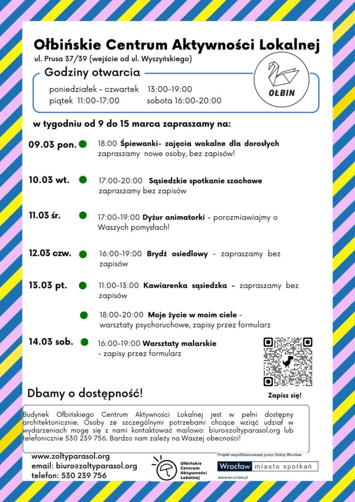 obraz tablica informacyjna białe tło na niej czarna czcionka ołbińskie centrum aktywności lokalnej wraz z opisem wydarzeń