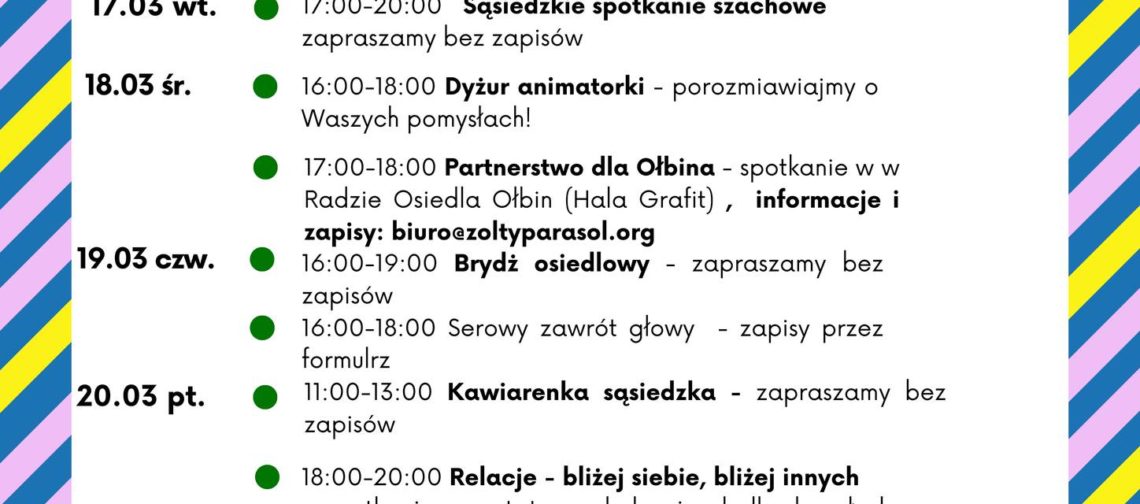 obraz tablica informacyjna białe tło na niej czarna czcionka ołbińskie centrum aktywności lokalnej wraz z opisem wydarzeń