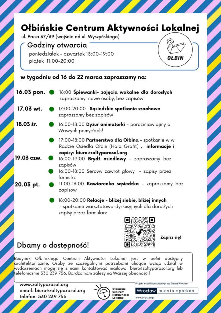 obraz tablica informacyjna białe tło na niej czarna czcionka ołbińskie centrum aktywności lokalnej wraz z opisem wydarzeń