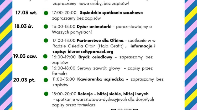 obraz tablica informacyjna białe tło na niej czarna czcionka ołbińskie centrum aktywności lokalnej wraz z opisem wydarzeń