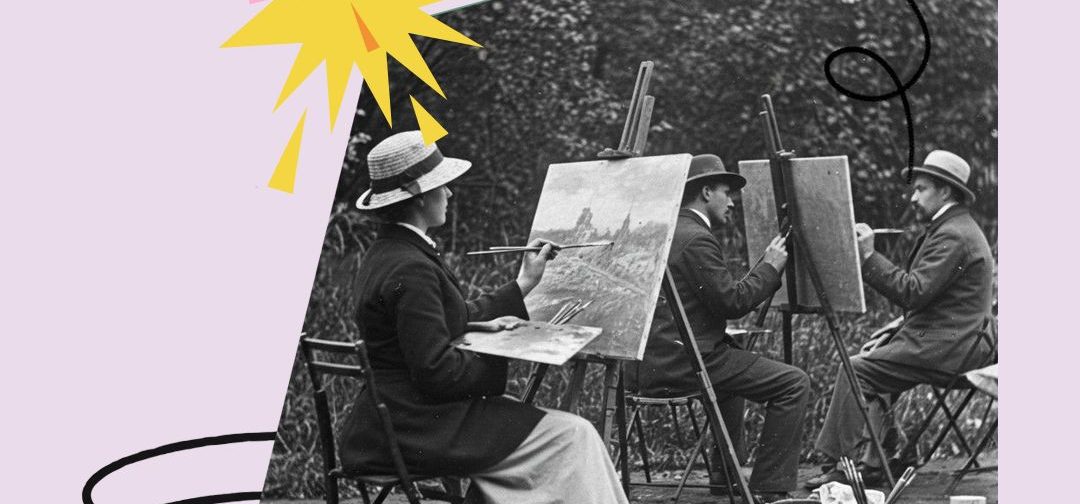 obraz z dużym napisem „Malarstwo” na jasnoróżowym tle. U góry po lewej jest logo z parasolką i tekst: „Ołbińskie Centrum Aktywności Lokalnej”. Pośrodku u góry widnieje duże słowo „Malarstwo” w zielonym kolorze. W centralnej części jest czarno-białe, lekko przekrzywione zdjęcie przedstawiające kilka osób siedzących na składanych krzesłach przy sztalugach i malujących na zewnątrz; na ziemi obok leżą przybory malarskie i pojemniki. Wokół zdjęcia są dekoracyjne elementy graficzne: żółta „gwiazda/wybuch”, czarne zawijasy i kreski. Na dole po lewej jest czarne kółko z ikoną parasolki oraz tekst „ŻÓŁTY PARASOL i partnerzy”. Na dole po prawej jest informacja: „Projekt współfinansowany przez Gminę Wrocław” oraz logo i napis „Wrocław miasto spotkań”, a także adres „www.wroclaw.pl”