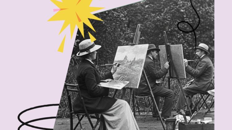 obraz z dużym napisem „Malarstwo” na jasnoróżowym tle. U góry po lewej jest logo z parasolką i tekst: „Ołbińskie Centrum Aktywności Lokalnej”. Pośrodku u góry widnieje duże słowo „Malarstwo” w zielonym kolorze. W centralnej części jest czarno-białe, lekko przekrzywione zdjęcie przedstawiające kilka osób siedzących na składanych krzesłach przy sztalugach i malujących na zewnątrz; na ziemi obok leżą przybory malarskie i pojemniki. Wokół zdjęcia są dekoracyjne elementy graficzne: żółta „gwiazda/wybuch”, czarne zawijasy i kreski. Na dole po lewej jest czarne kółko z ikoną parasolki oraz tekst „ŻÓŁTY PARASOL i partnerzy”. Na dole po prawej jest informacja: „Projekt współfinansowany przez Gminę Wrocław” oraz logo i napis „Wrocław miasto spotkań”, a także adres „www.wroclaw.pl”