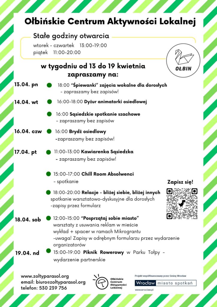 obraz tablica informacyjna białe tło na niej czarna czcionka ołbińskie centrum aktywności lokalnej wraz z opisem wydarzeń