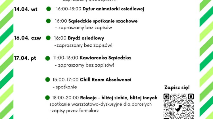 obraz tablica informacyjna białe tło na niej czarna czcionka ołbińskie centrum aktywności lokalnej wraz z opisem wydarzeń