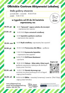 obraz tablica informacyjna białe tło na niej czarna czcionka ołbińskie centrum aktywności lokalnej wraz z opisem wydarzeń