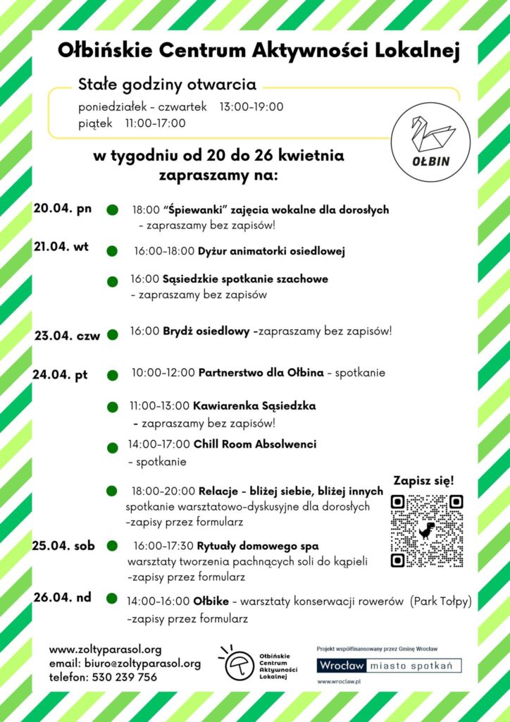 obraz tablica informacyjna białe tło na niej czarna czcionka ołbińskie centrum aktywności lokalnej wraz z opisem wydarzeń