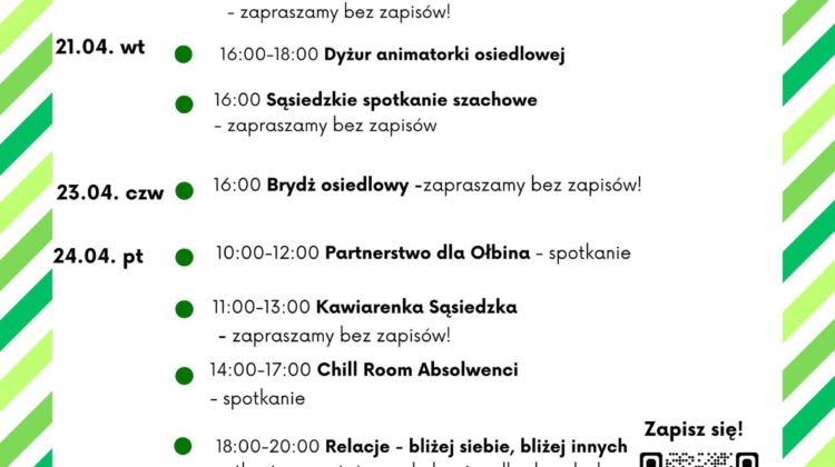 obraz tablica informacyjna białe tło na niej czarna czcionka ołbińskie centrum aktywności lokalnej wraz z opisem wydarzeń